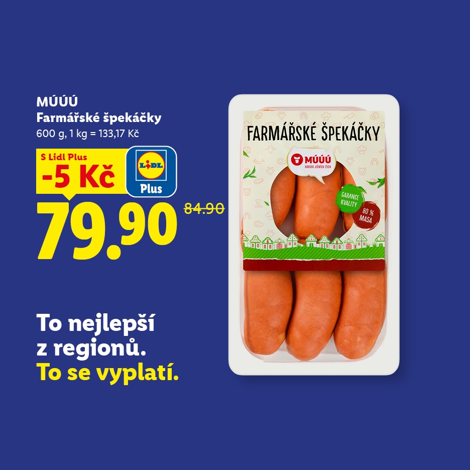 Balení farmářských špekáčků s cenou 79,90 Kč a sloganem „To nejlepší z regionů. To se vyplatí.“