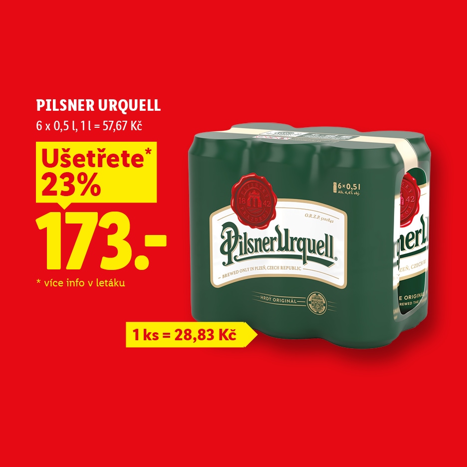 Šest balení piva v plechovkách s 23% slevou za 173 Kč.
