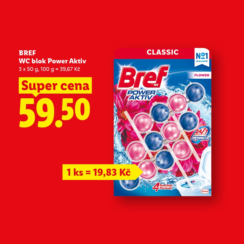 Akční nabídka na WC bloky s květinovou vůní, cena 59,50 Kč za balení 3x50g.