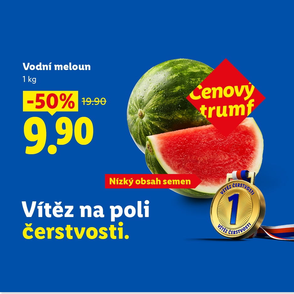 Propagační leták s melounem, cenou 9,90 Kč za 1 kg a medailí za čerstvost.