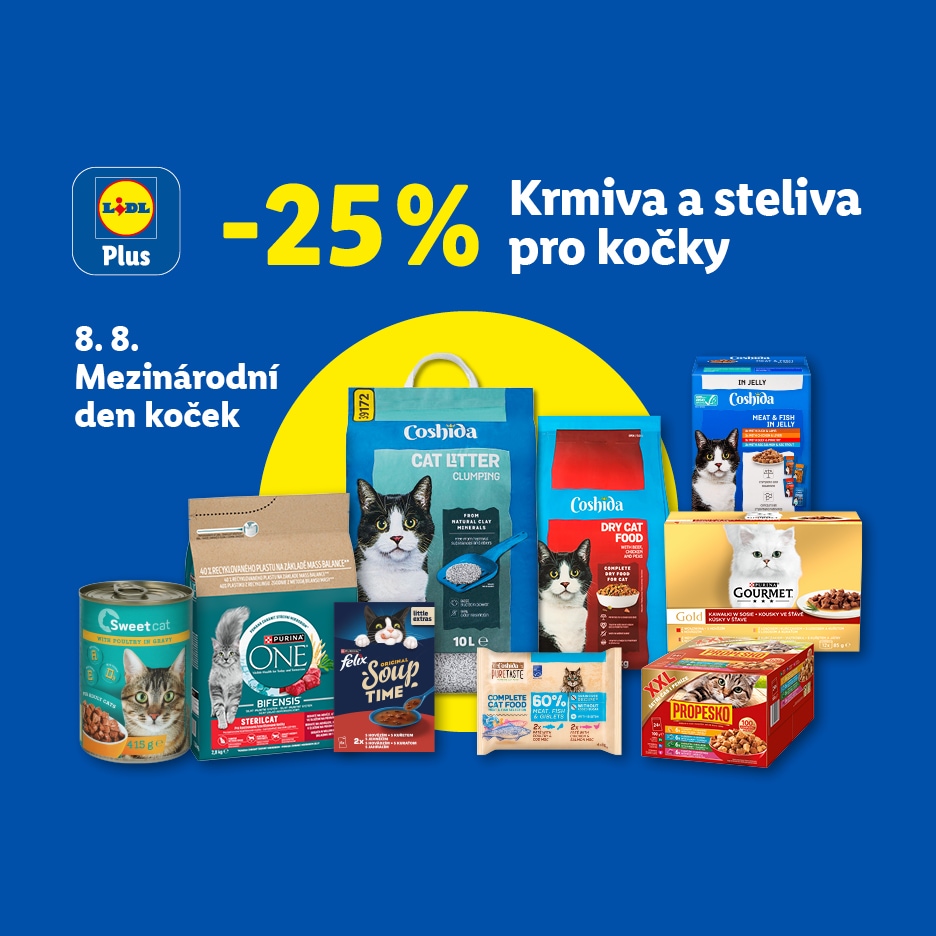 Sleva 25 % na krmiva a steliva pro kočky, včetně suchého a mokrého krmiva a steliva, k Mezinárodnímu dni koček 8. 8.
