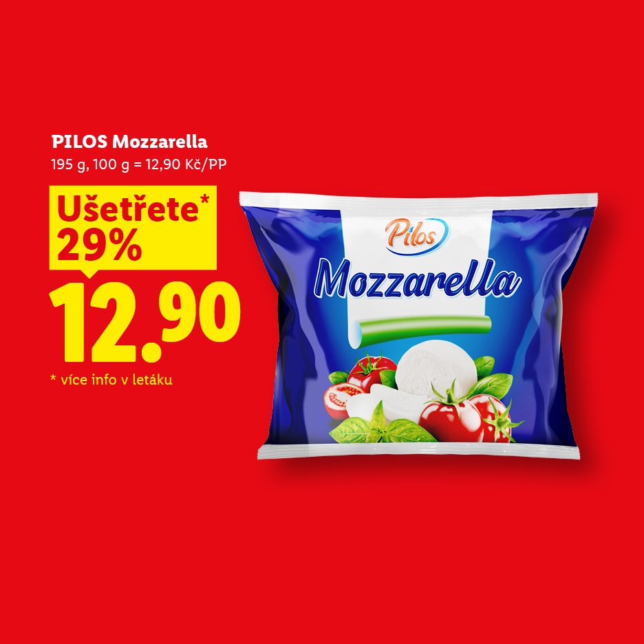 Balení mozzarelly s cenou 12,90 Kč a slevou 29 %.
