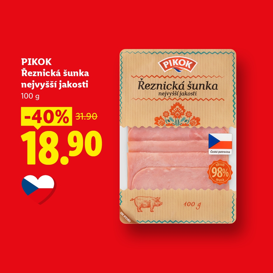 Balení šunky nejvyšší jakosti s 98 % masa, s cenovkou 18,90 Kč a slevou 40 %.