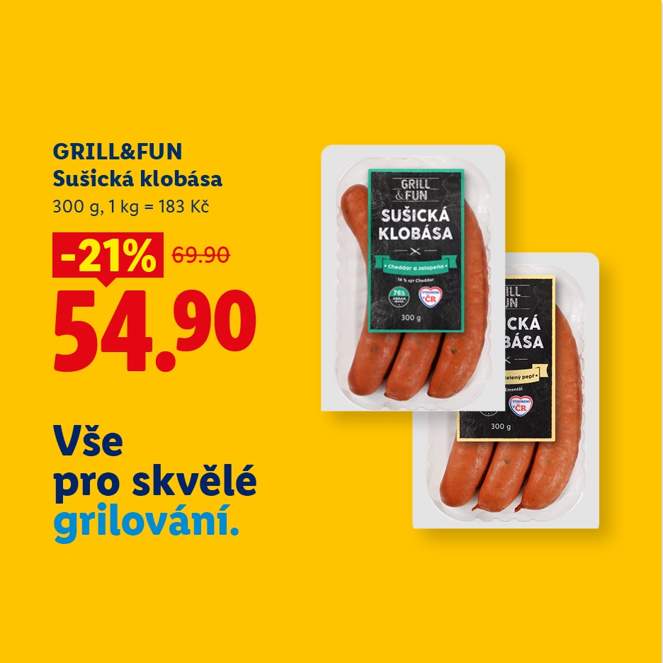 Balení klobás na grilování s cenovkou a slevou, text: Vše pro skvělé grilování.