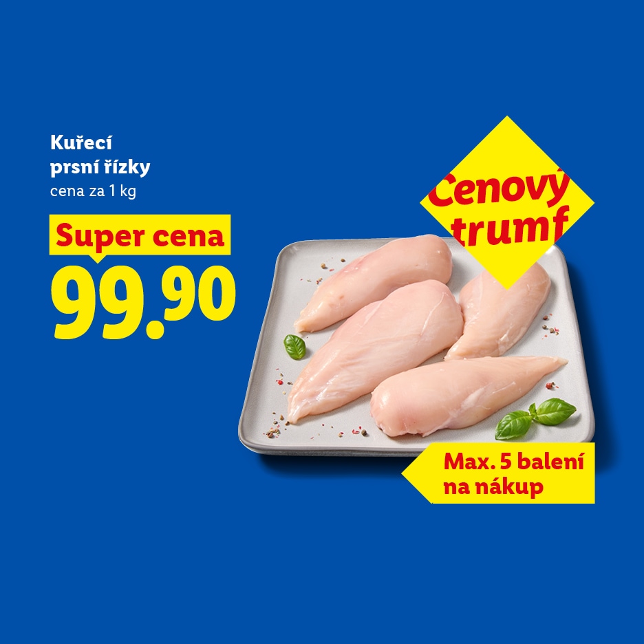 Kuřecí prsní řízky za 99,90 Kč/kg, s cenovým trumfem a omezením na 5 balení.