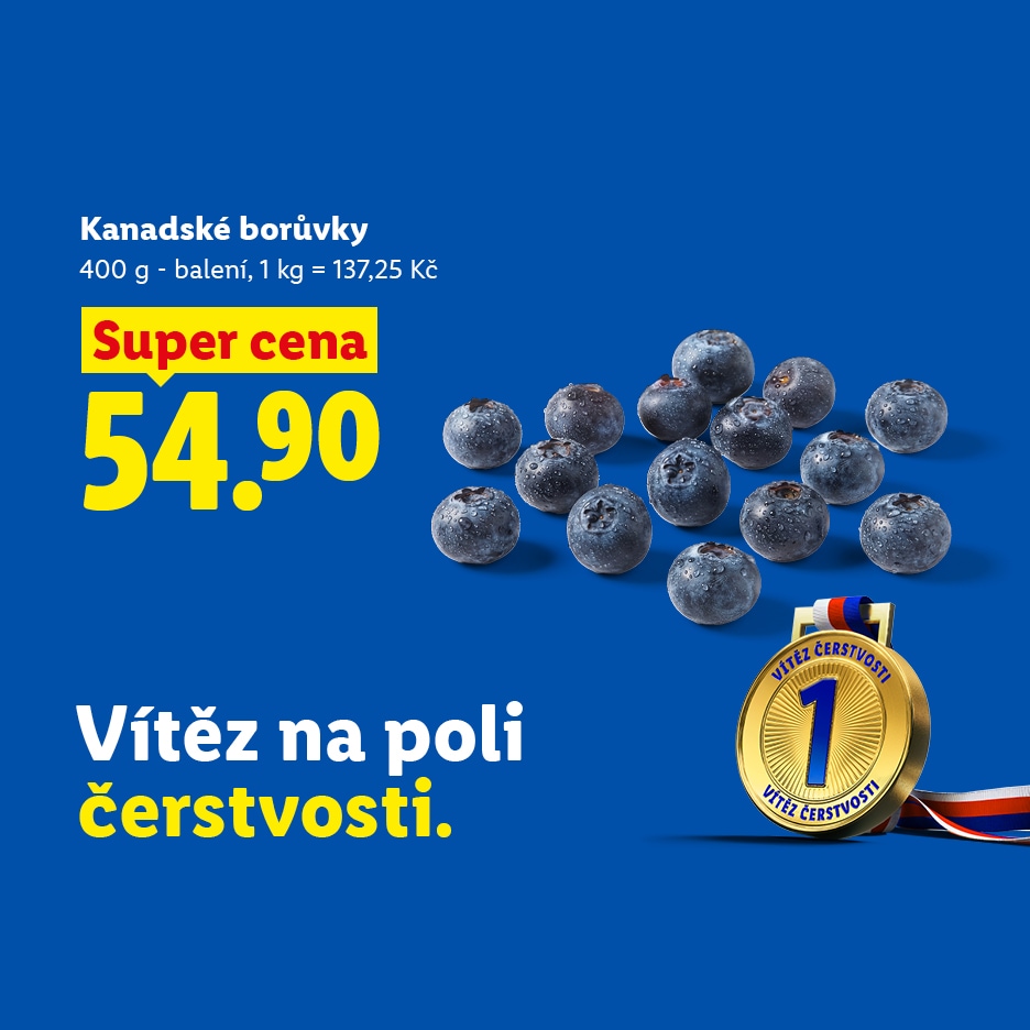 Reklama na kanadské borůvky s cenou 54,90 Kč a medailí za čerstvost.
