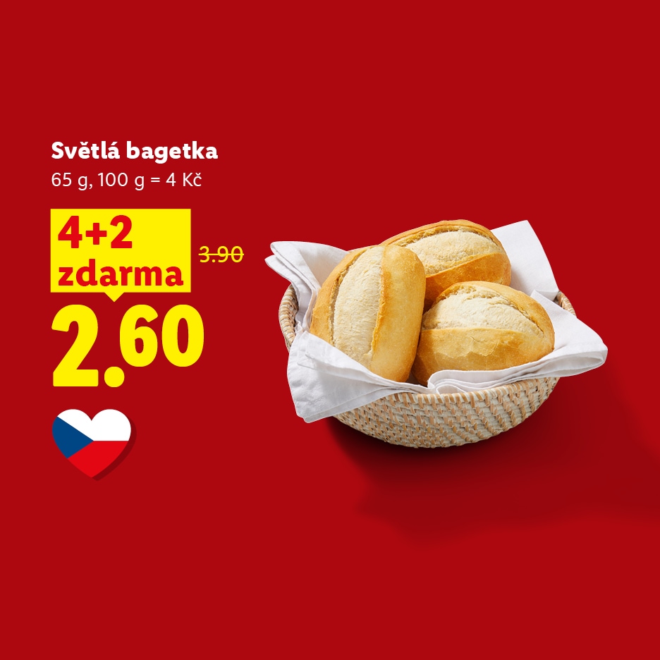 Světlé bagetky v košíku s nabídkou 4+2 zdarma za 2,60 Kč, původně 3,90 Kč.