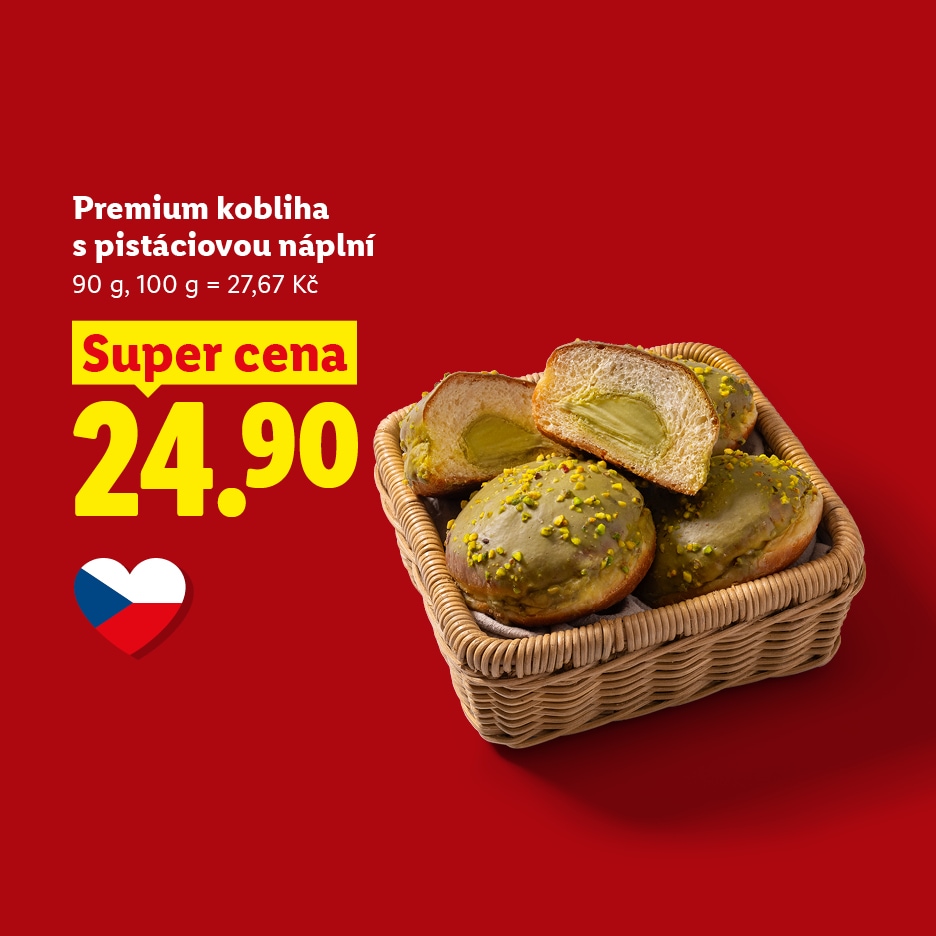 Koblihy s pistáciovou náplní v košíku, cena 24,90 Kč.