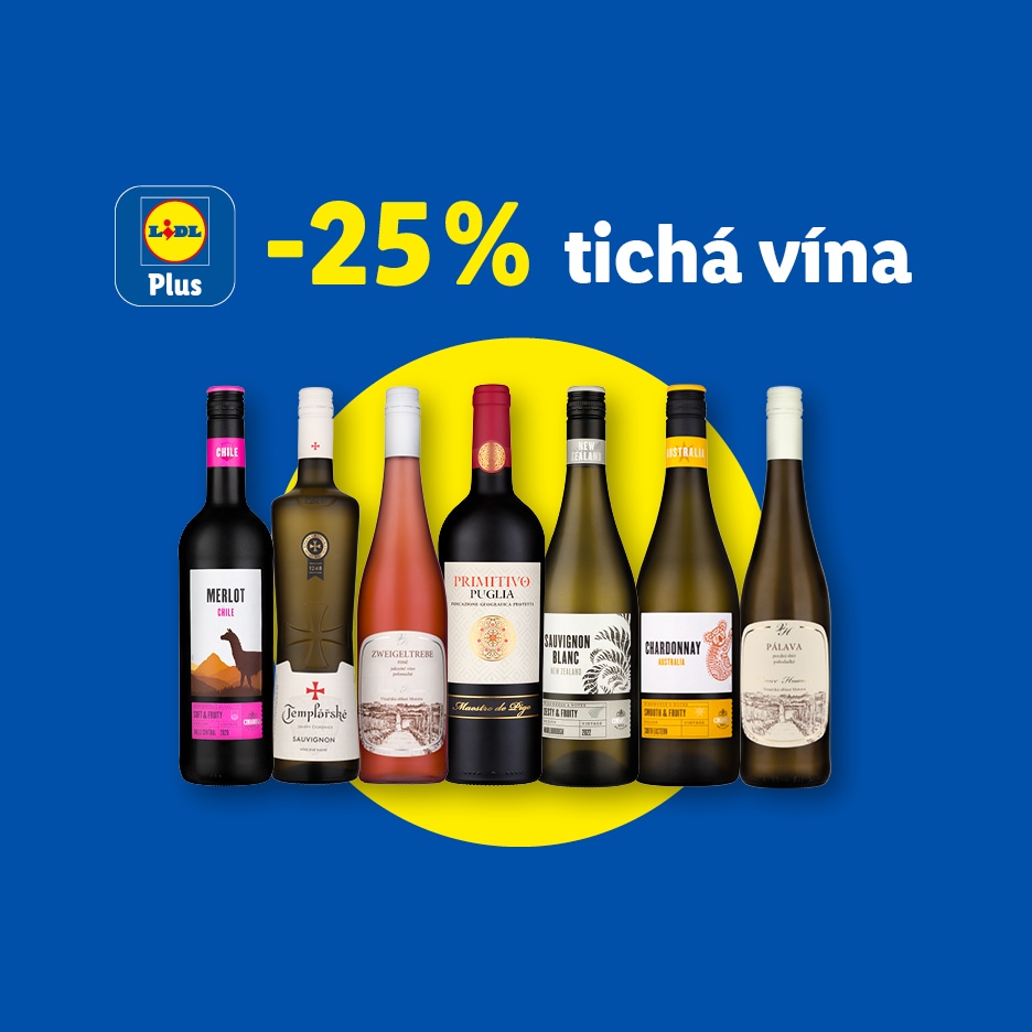 Lidl Plus: Sleva 25 % na tichá vína, s výběrem červených, růžových a bílých vín.