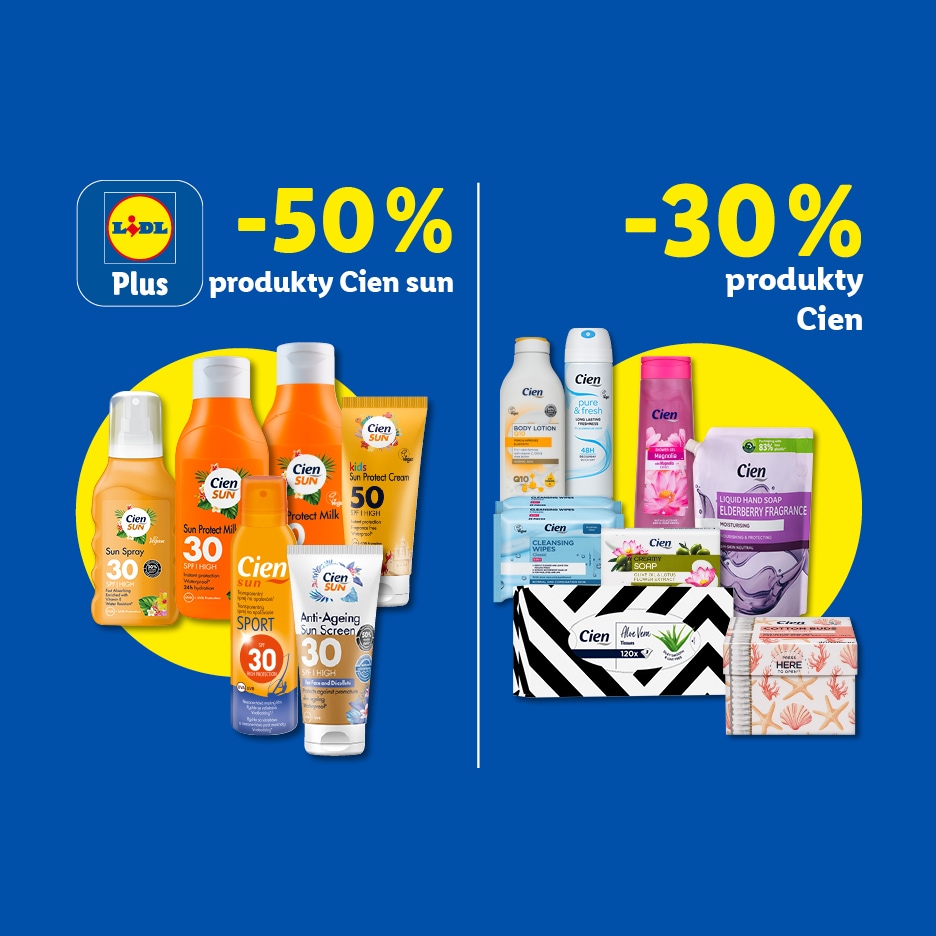 Reklama na opalovací krémy a kosmetiku se slevami 50 % a 30 %.