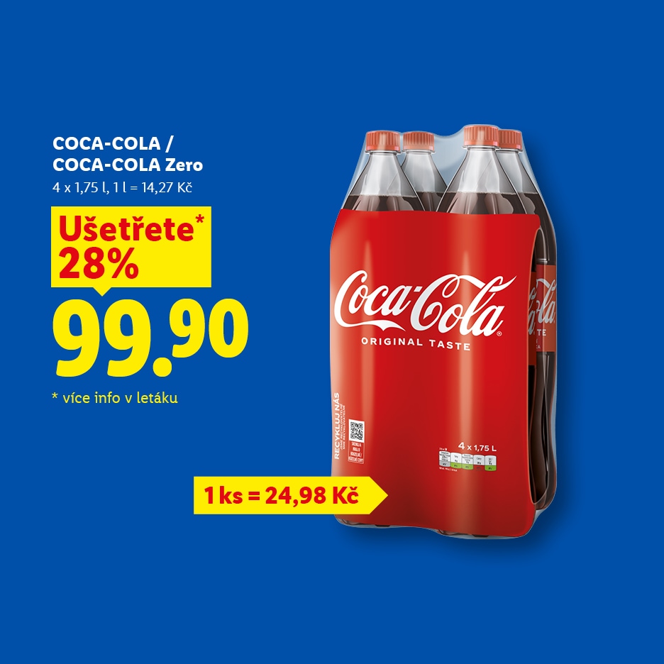Čtyřbalení nápoje v lahvích, s cenou 99,90 Kč a slevou 28 %.