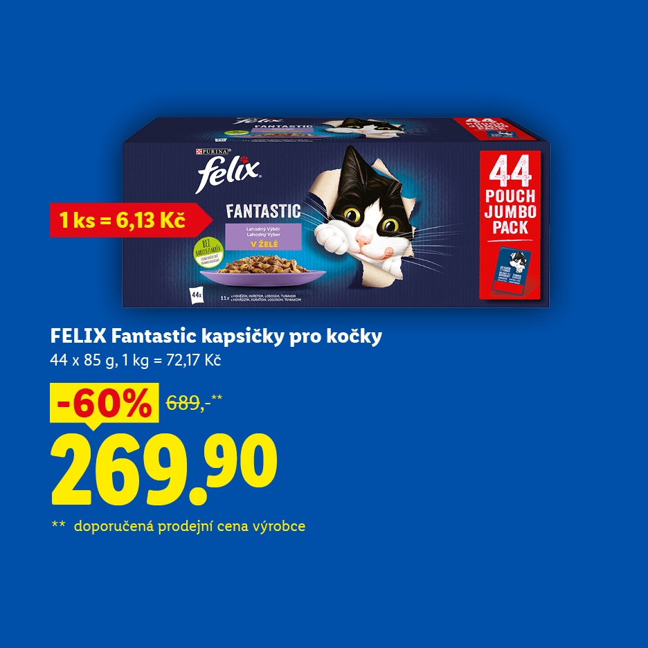 Kapsičky pro kočky, 44 kusů, se slevou 60 % za 269,90 Kč.