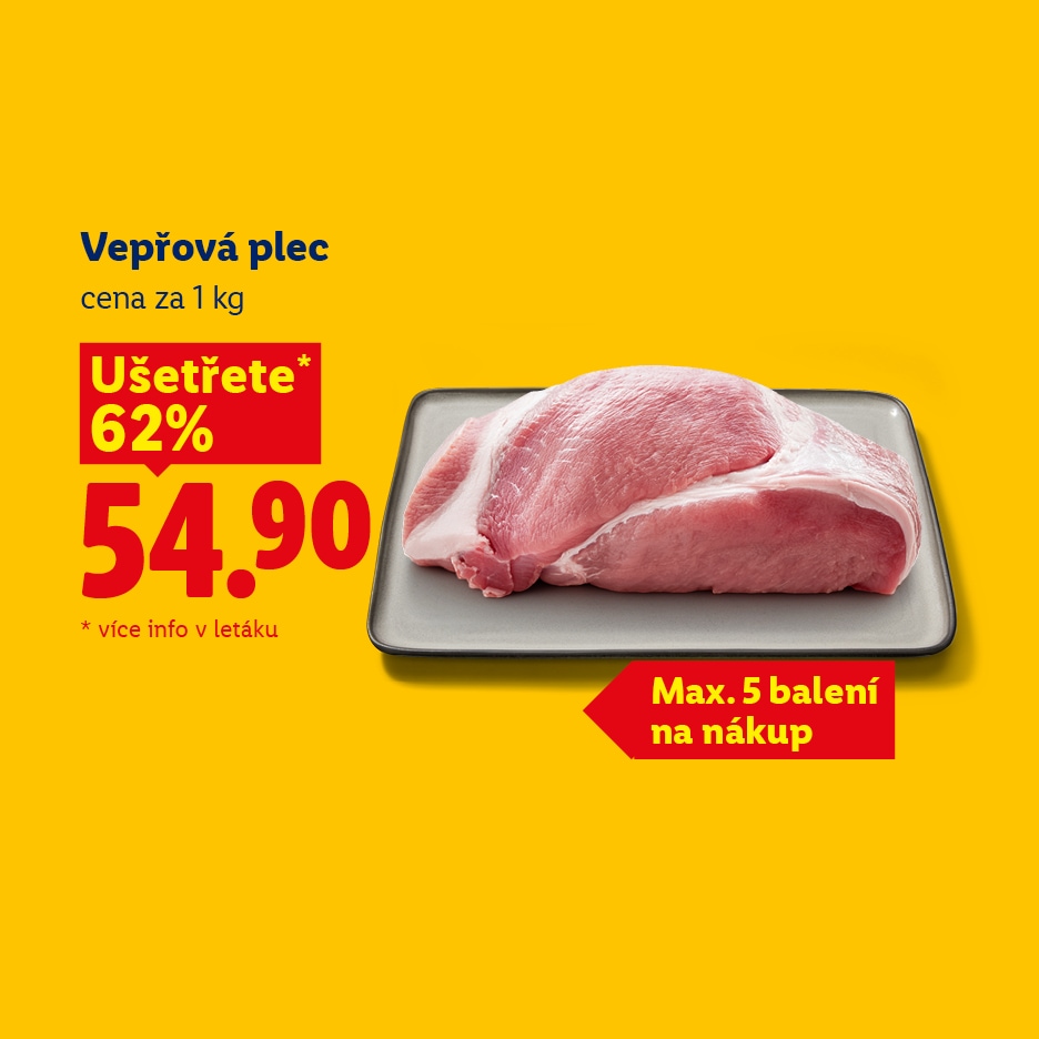Vepřová plec za 54,90 Kč/kg, ušetříte 62%, max. 5 balení na nákup.