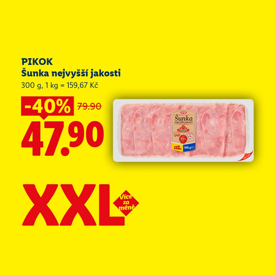 Balení šunky nejvyšší jakosti s 40% slevou, nyní za 47,90 Kč.