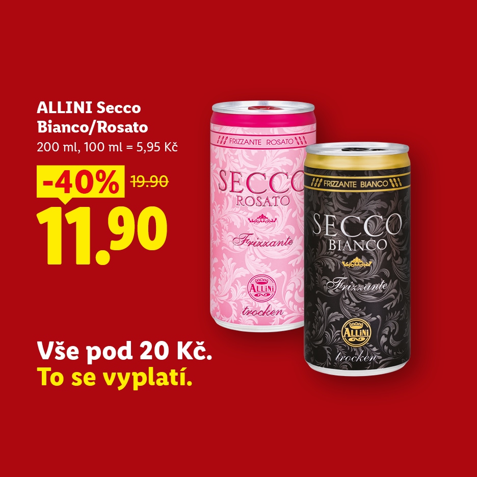 Dvě plechovky šumivého vína, růžové a bílé, s cenou 11,90 Kč a slevou 40 %.