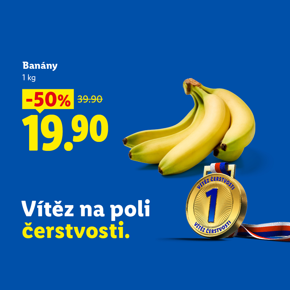 Sleva 50 % na banány za 19,90 Kč s medailí Vítěz na poli čerstvosti.