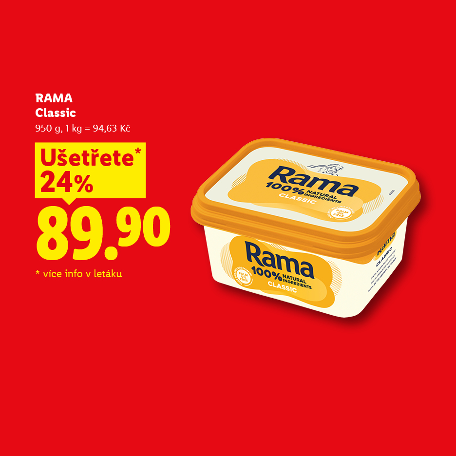 Rostlinný tuk v kelímku ve slevě za 89,90 Kč na červeném pozadí.