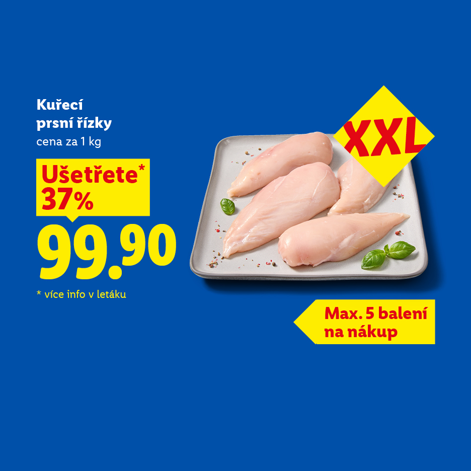 Kuřecí prsní řízky XXL za 99,90 Kč za 1 kg se slevou 37 %.
