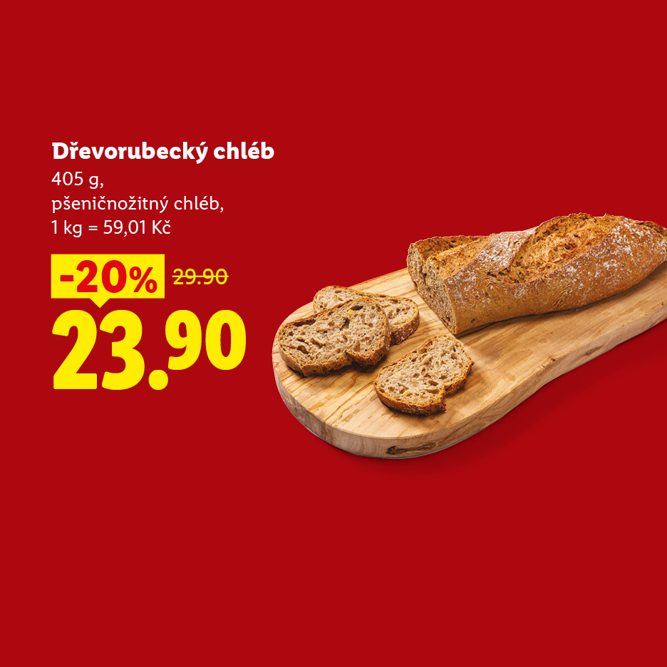 Dřevorubecký chléb 405 g v akci za 23,90 Kč.