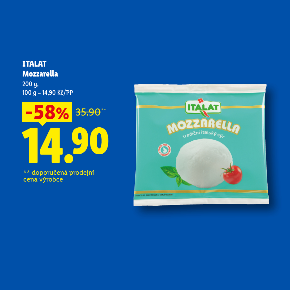Mozzarella v akci za 14,90 Kč.