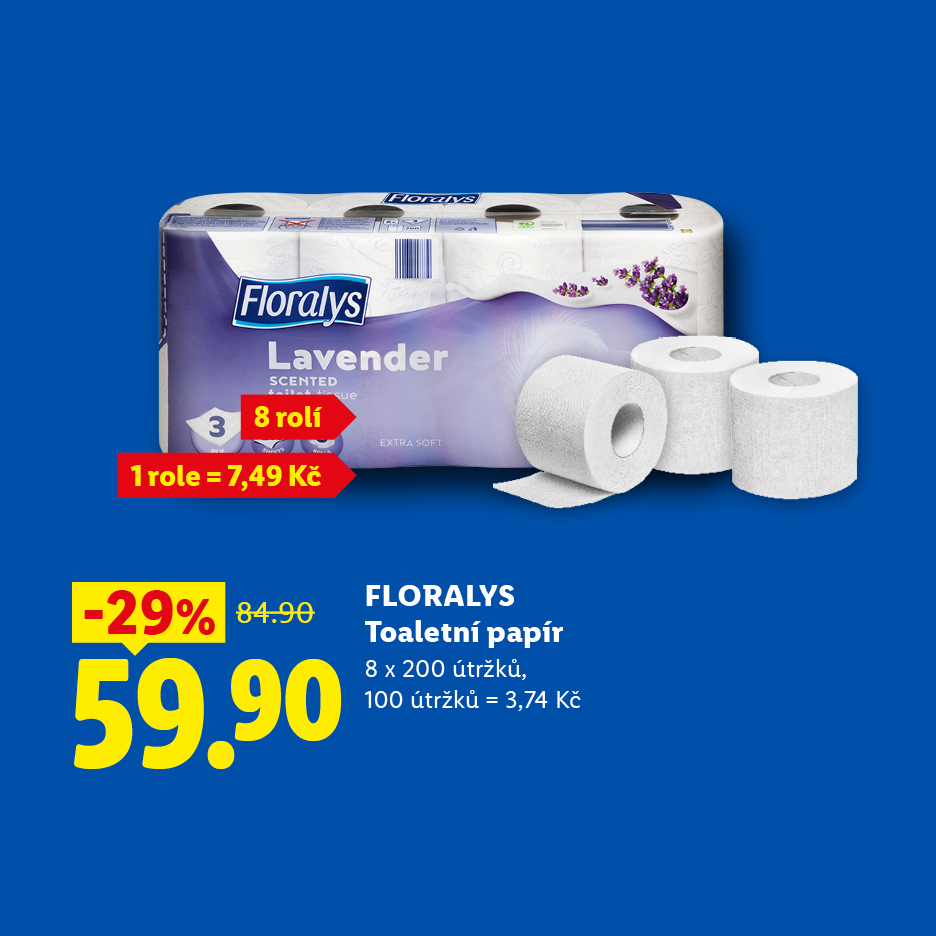 Toaletní papír s vůní levandule v akci za 59,90 Kč.