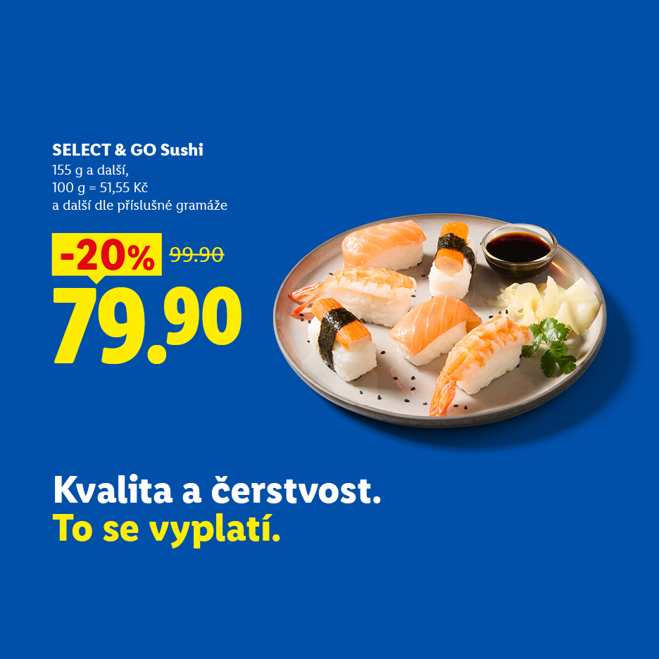 Akční nabídka na sushi set se slevou 20 % za 79,90 Kč.