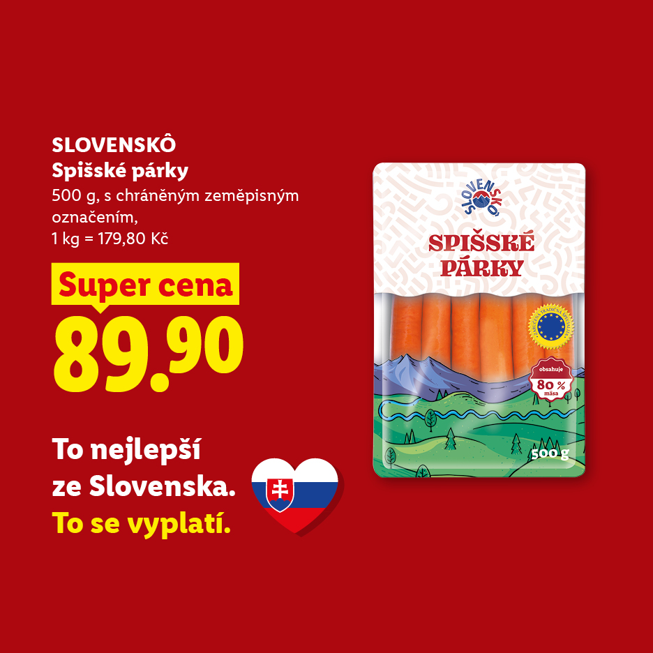 Spišské párky v akci za 89,90 Kč s motivem slovenské krajiny.