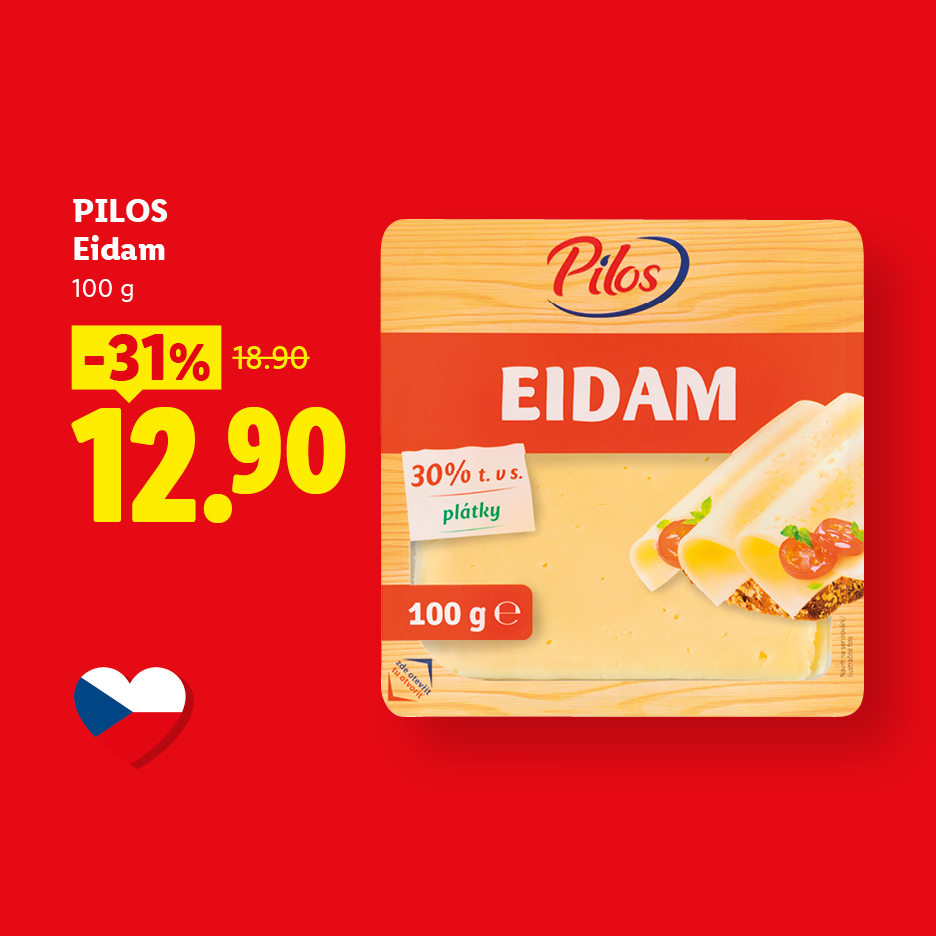 Plátkový sýr Eidam 100 g v akci za 12,90 Kč.