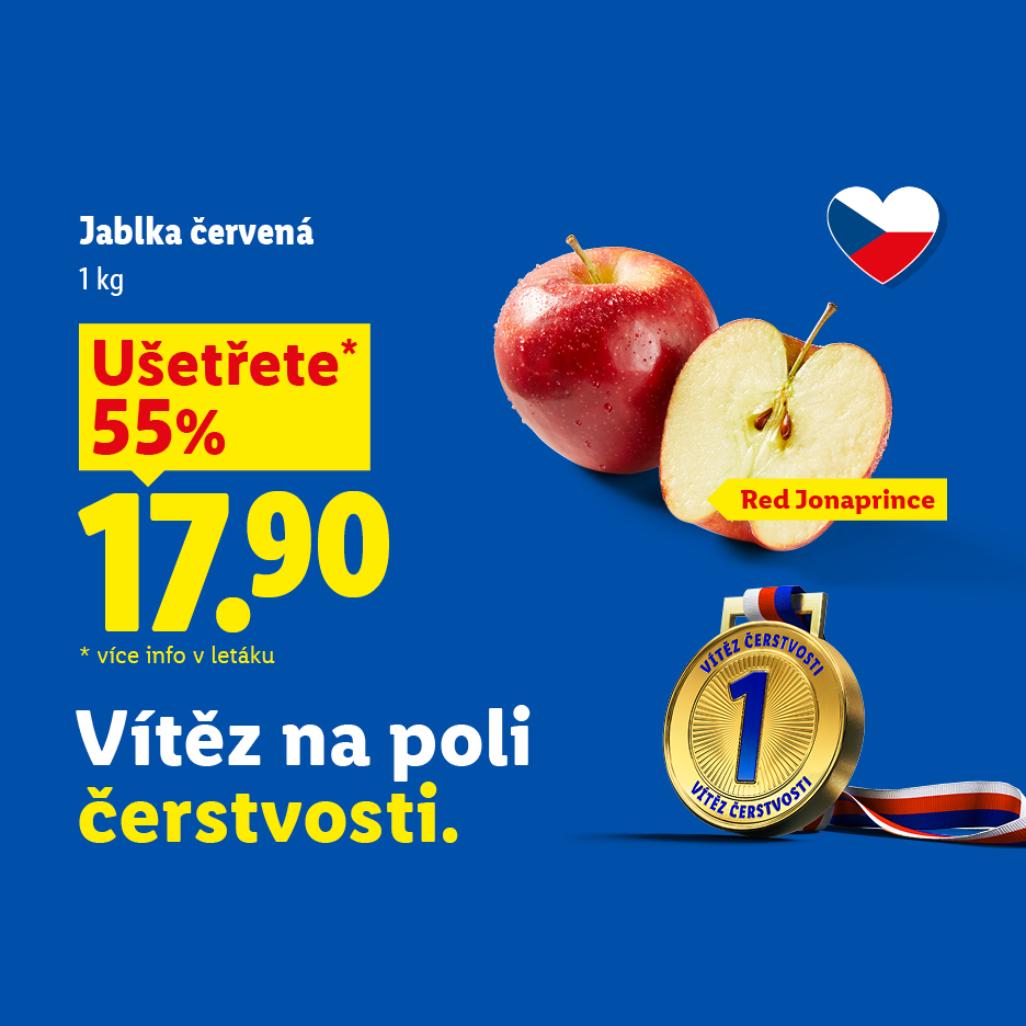 Červená jablka Red Jonaprince v akci se slevou 55 % za 17,90 Kč za 1 kg.