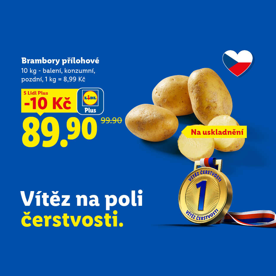 Akční nabídka na 10 kg balení brambor na uskladnění za 89,90 Kč.