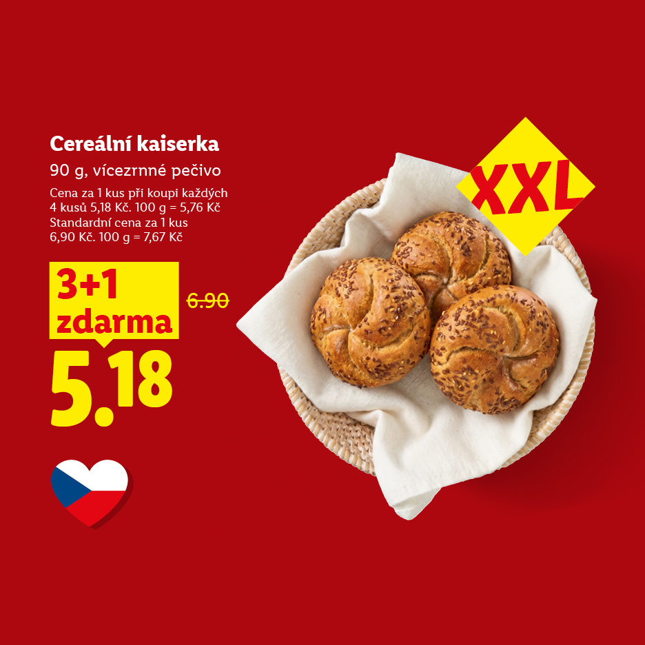 Cereální kaiserka v akci 3+1 zdarma za 5,18 Kč za kus.