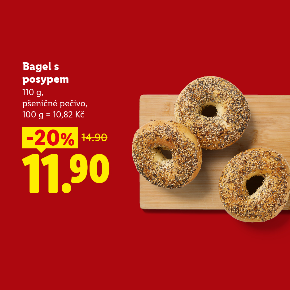 Bagel s posypem v akci za 11,90 Kč.