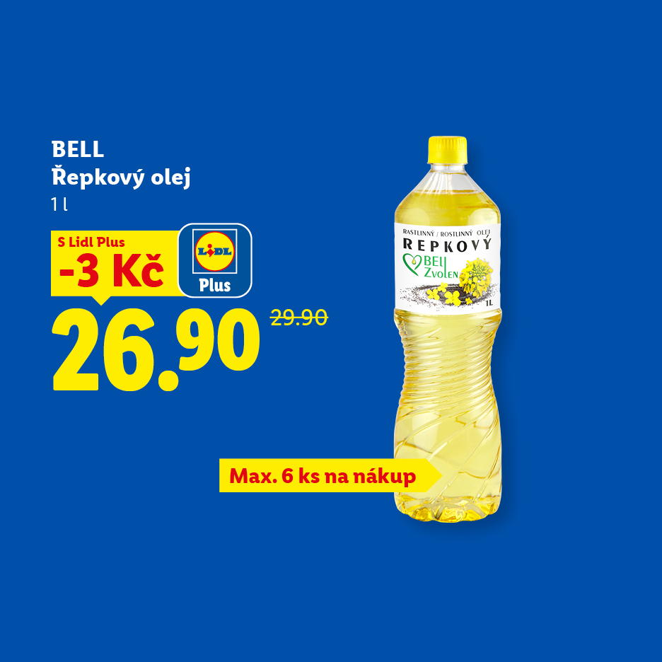 Řepkový olej v akci s aplikací za 26,90 Kč.