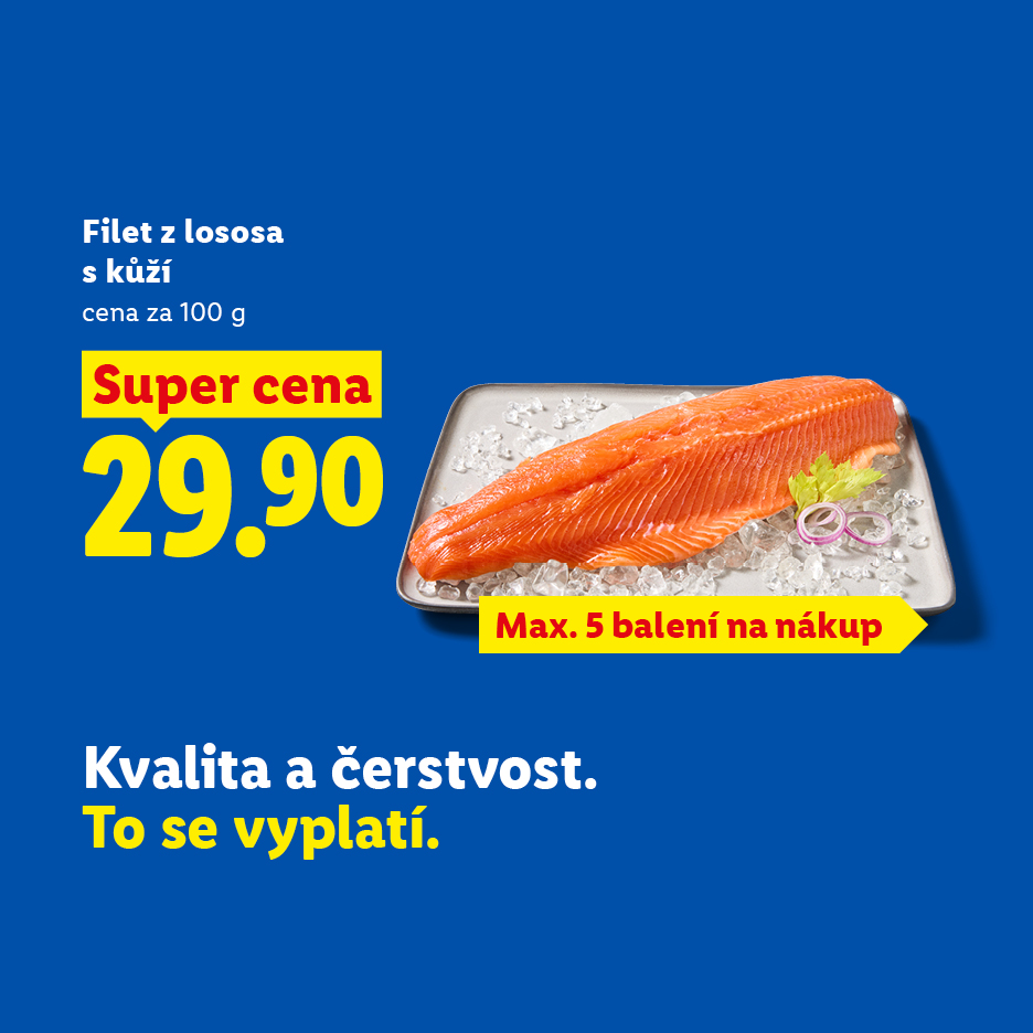 Čerstvý filet z lososa s kůží na ledu za akční cenu 29,90 Kč za 100 g.