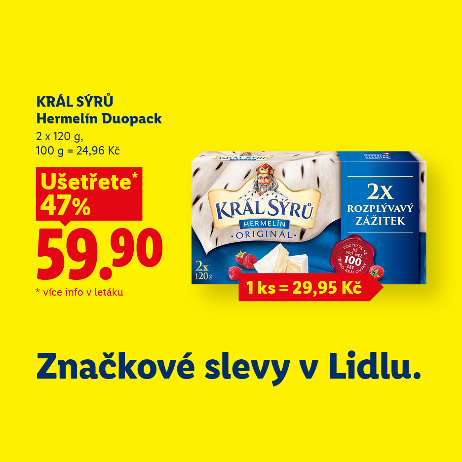 Akční nabídka na balení dvou hermelínů se slevou 47 % za 59,90 Kč.