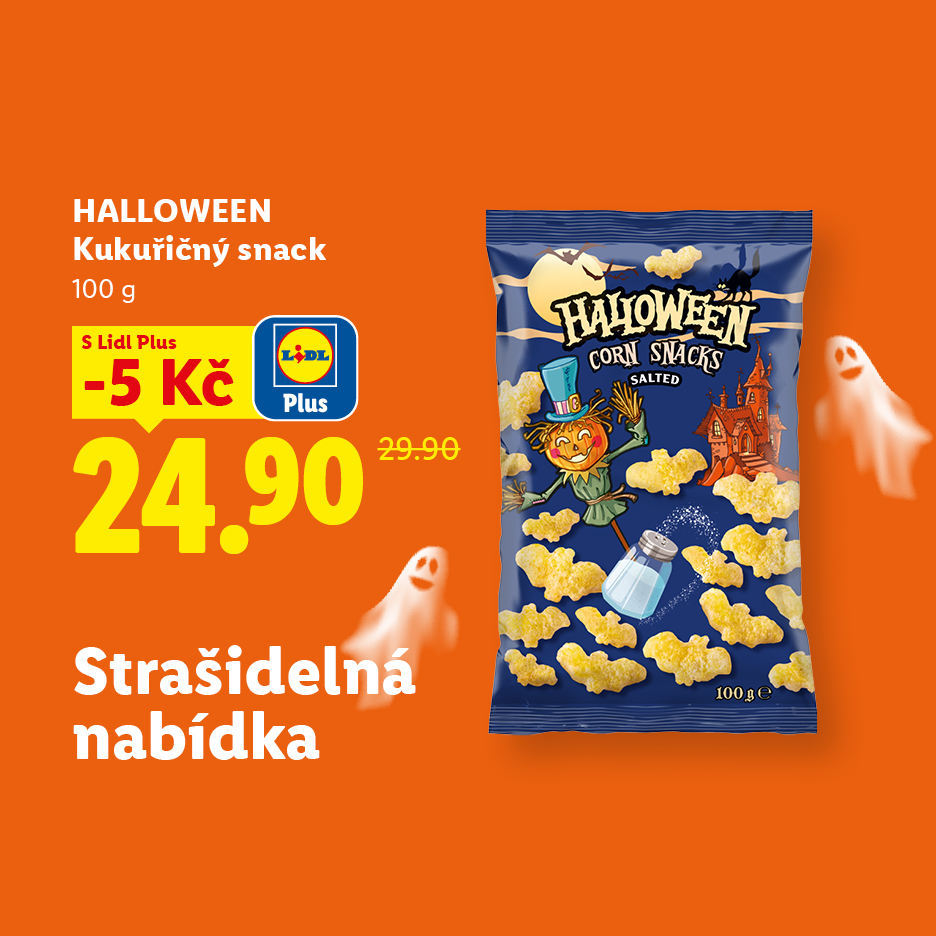 Slaný kukuřičný snack s halloweenským motivem za akční cenu.