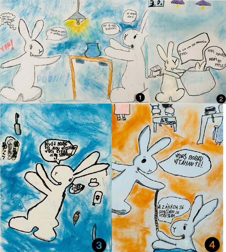 Kreslený komiks o králících, kteří hledají ztracené věci a řeší záhadu svačiny.