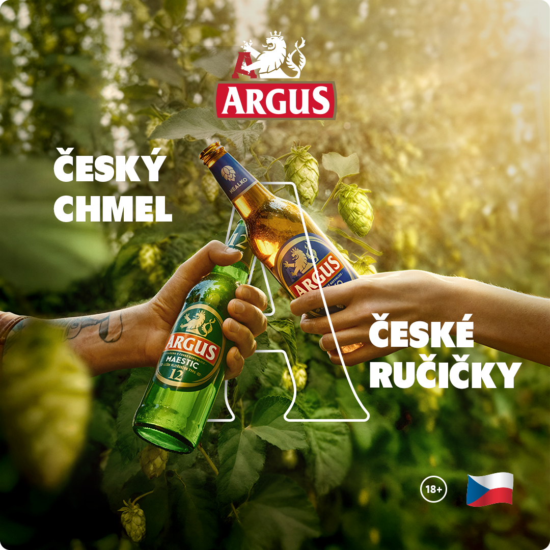 Dvě lahve piva Argus se zdraví mezi českými rukama na pozadí chmele.