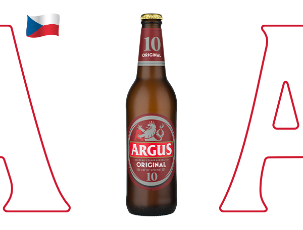 Pivo Argus Original 10, v levém horním rohu je vlajka České republiky.