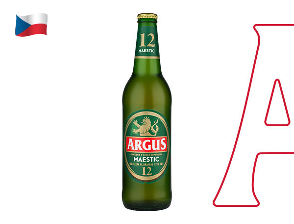 Pivo Argus Maestic 12°, v levém horním rohu je vlajka České republiky.