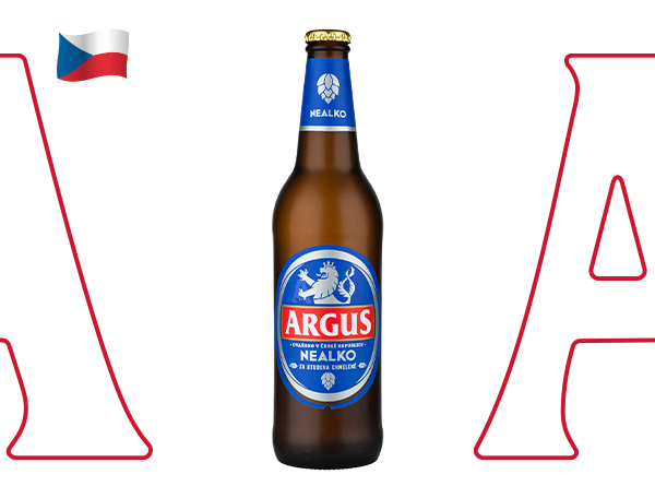 Pivo Argus Nealko, v levém horním rohu je vlajka České republiky.