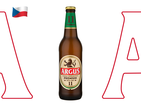 Pivo Argus Premium 11°, v levém horním rohu je vlajka České republiky.