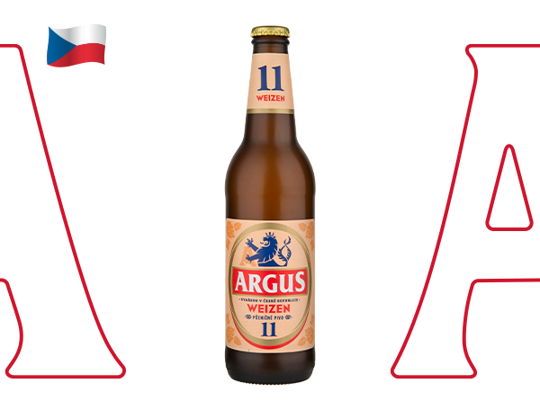 Pivo Argus Weizen 11°, v levém horním rohu je vlajka České republiky.