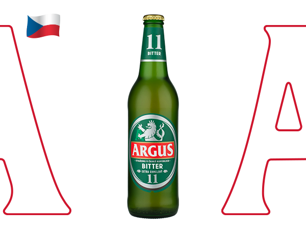 Pivo Argus Bitter 11°, v levém horním rohu je vlajka České republiky.