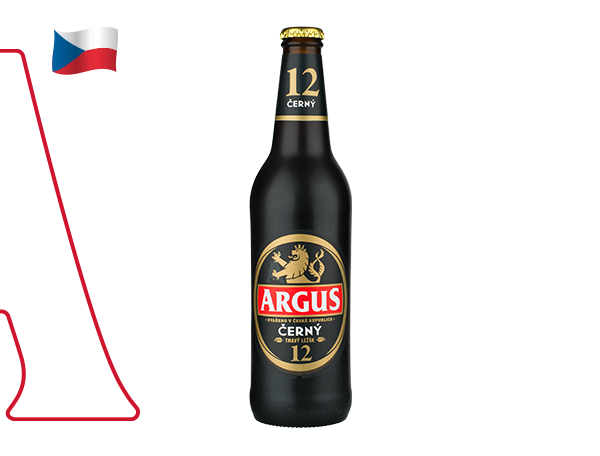 Pivo Argus Černý 12, v levém horním rohu je vlajka České republiky.