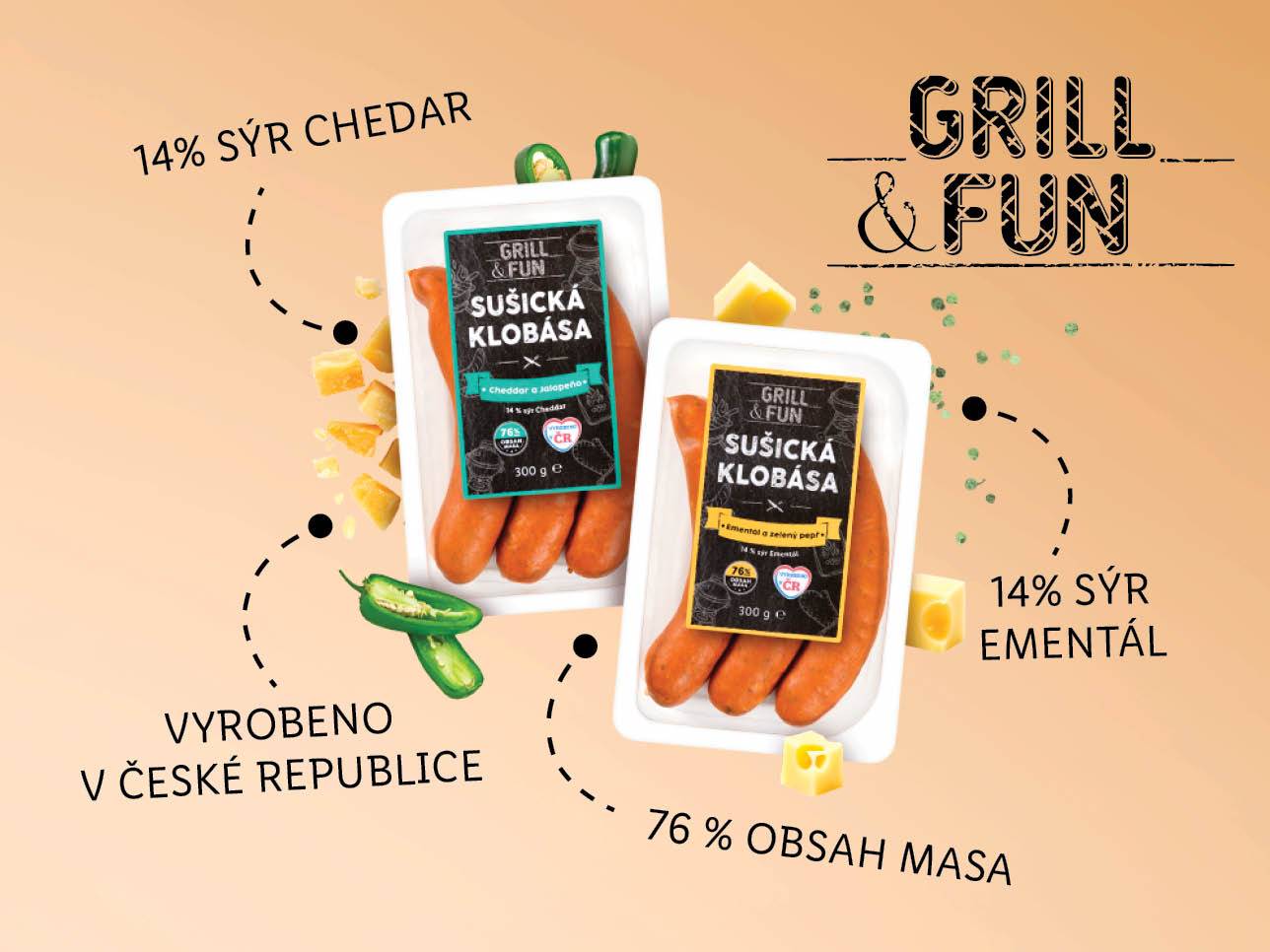 Klobásy Grill & Fun s 14% sýrem Cheddar a Emmental, vyrobené v České republice.