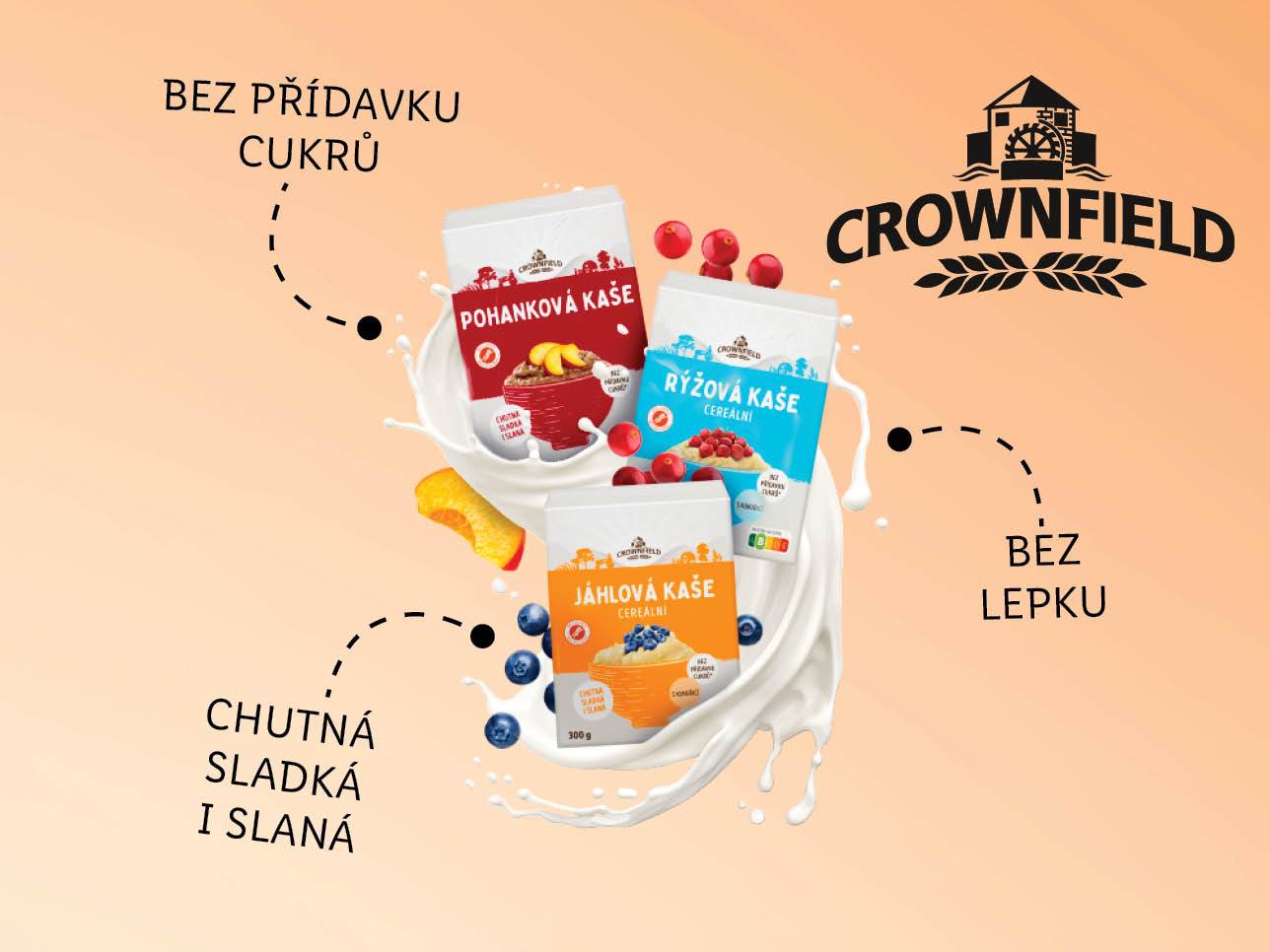 Crownfield nabízí chutné a zdravé kaše z pohanky, rýže a jáhel bez přidaného cukru a lepku.