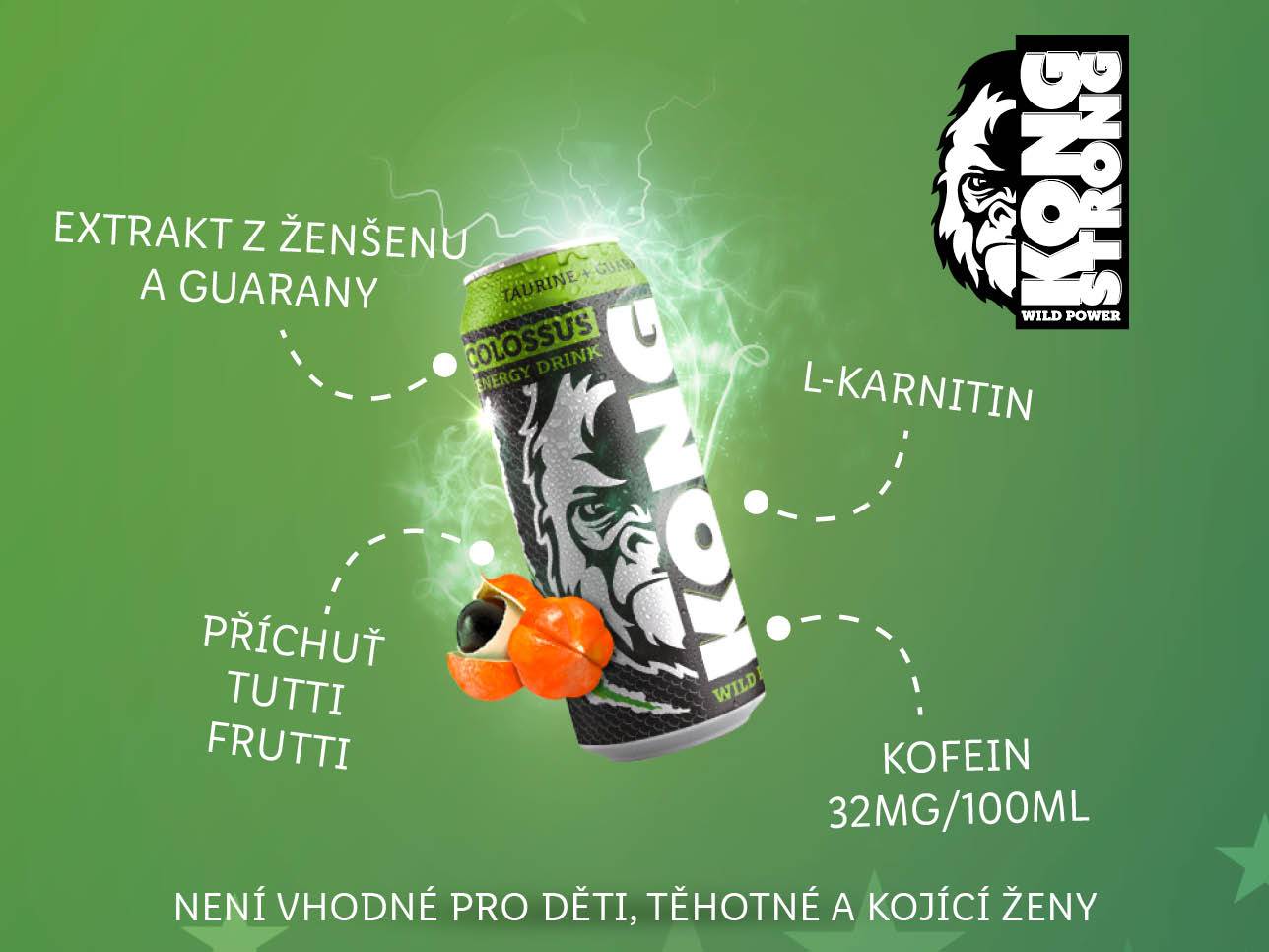 Energetický nápoj Kong Strong Colossus s extraktem ženšenu a guarany, příchutí Tutti Frutti.