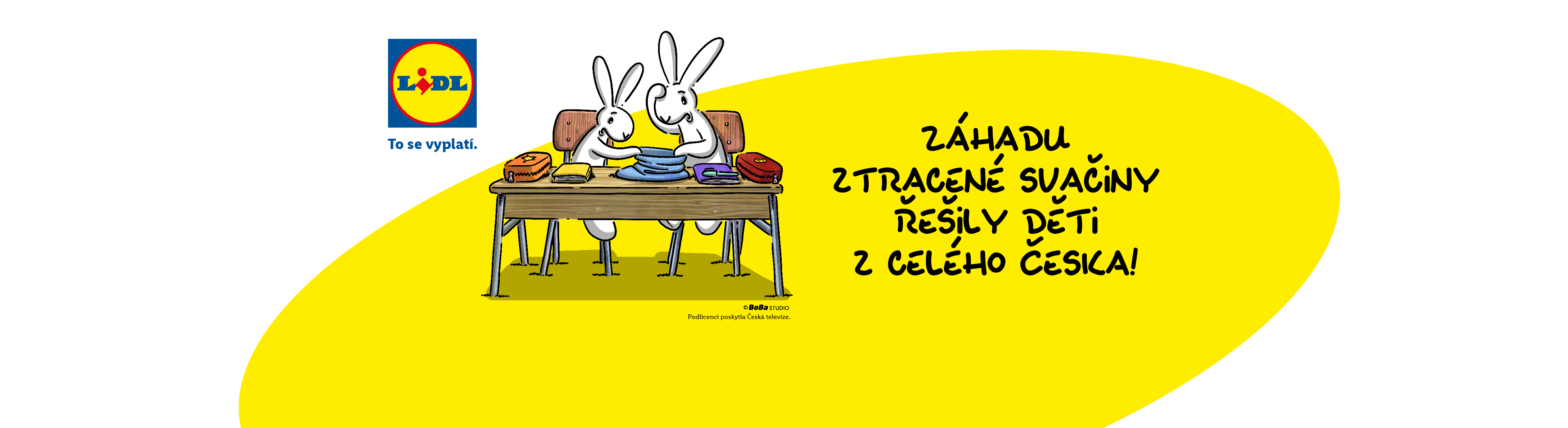 Dva králíci u stolu s psacími potřebami a textem o záhadě ztracené svačiny.