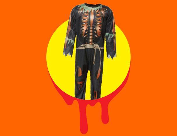 Dětský halloweenský kostým strašáka s potiskem žeber a provazovým páskem.